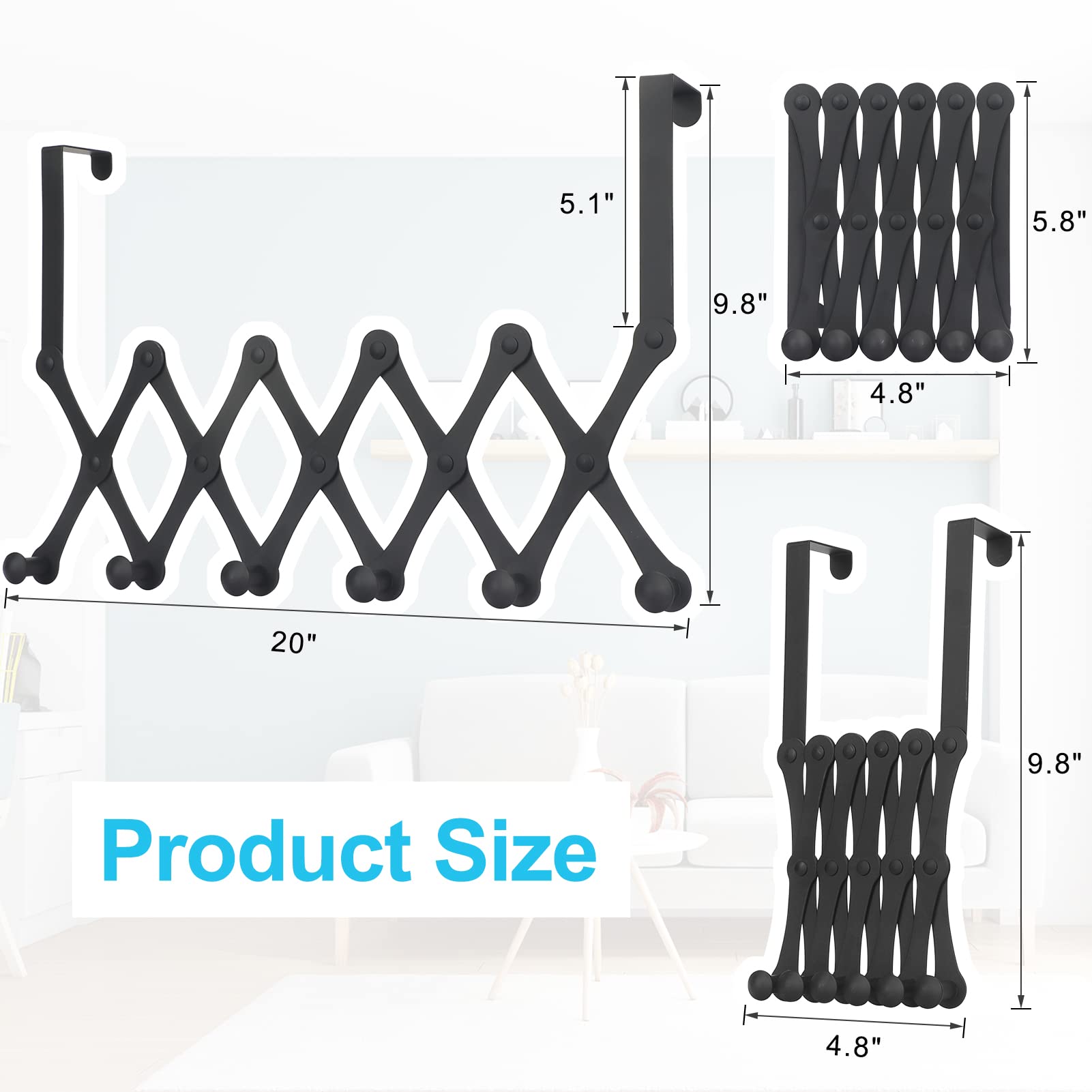 Simfree Over The Door Hooks,Retractable Stainless Steel Over The Door Hanger with 6 Hooks,Hanging Organizer Over The Door Towel Rack for Coat,Hats,Clothes,Towels,Black