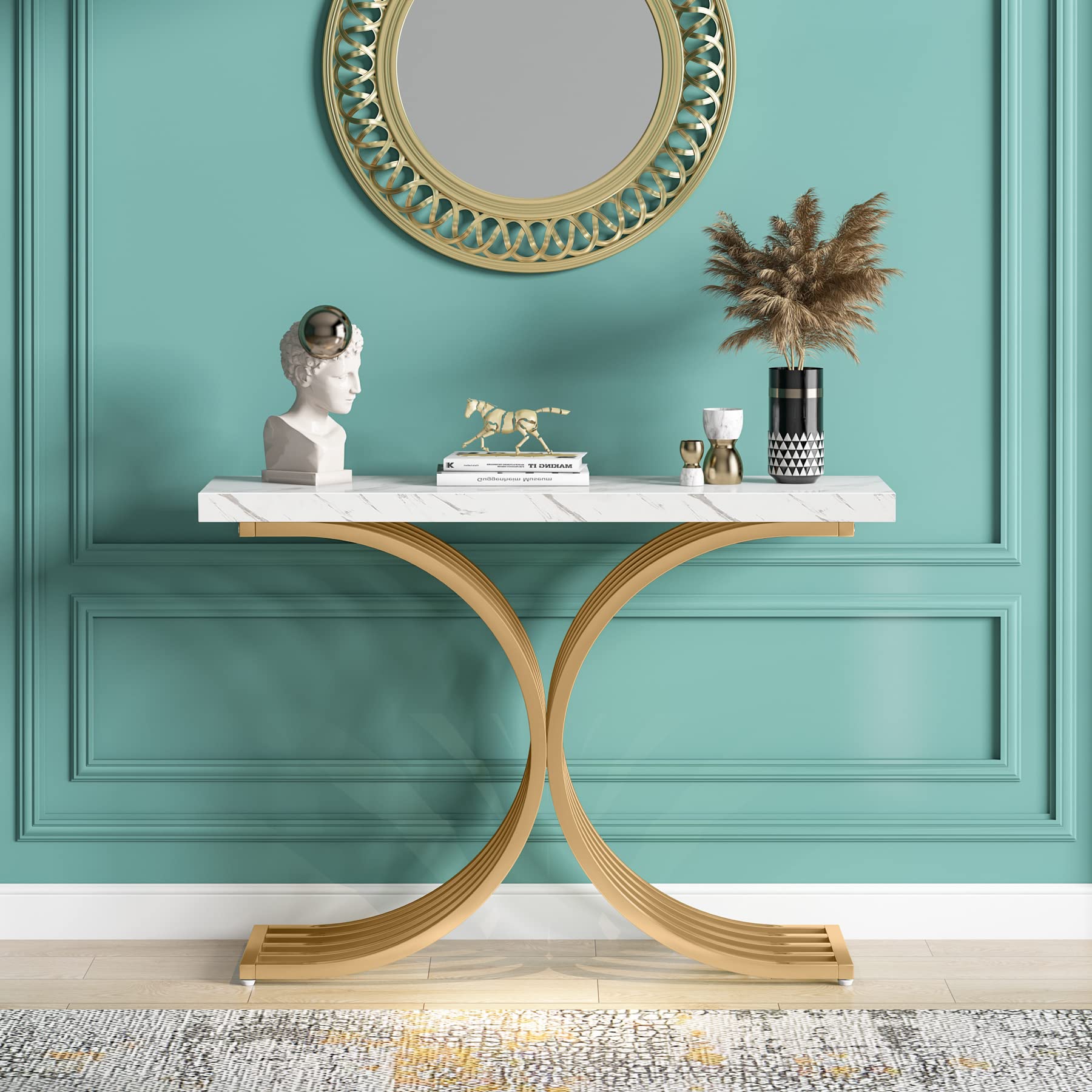 Tribesigns Entryway Console Table with Gold Metal Base, 39-inch Modern Foyer Entry Tables, Narrow Sofa Accent Table with White Faux Marble Top for Entrance, Hallway, Living Room