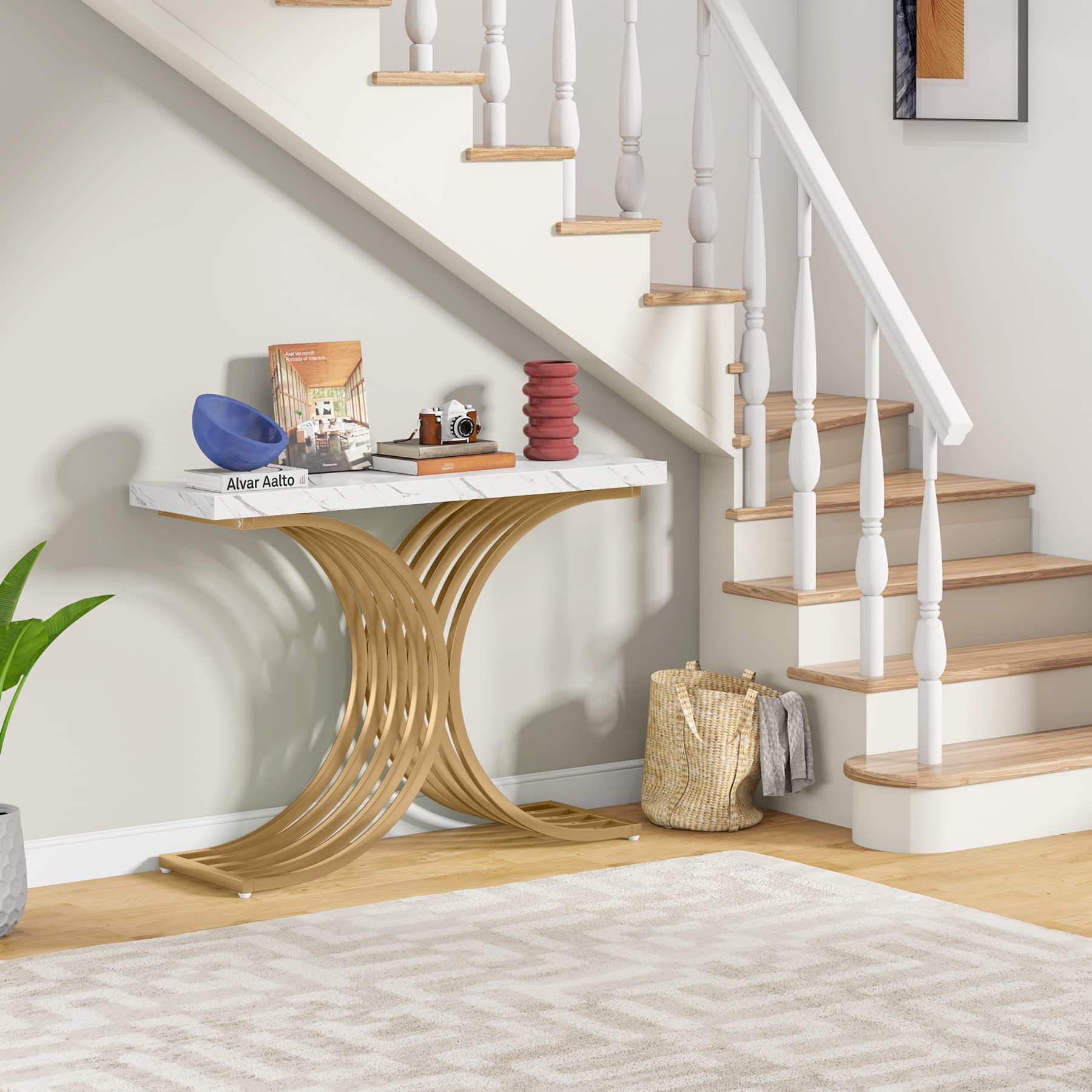 Tribesigns Entryway Console Table with Gold Metal Base, 39-inch Modern Foyer Entry Tables, Narrow Sofa Accent Table with White Faux Marble Top for Entrance, Hallway, Living Room