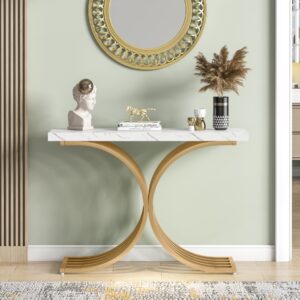 Tribesigns Entryway Console Table with Gold Metal Base, 39-inch Modern Foyer Entry Tables, Narrow Sofa Accent Table with White Faux Marble Top for Entrance, Hallway, Living Room