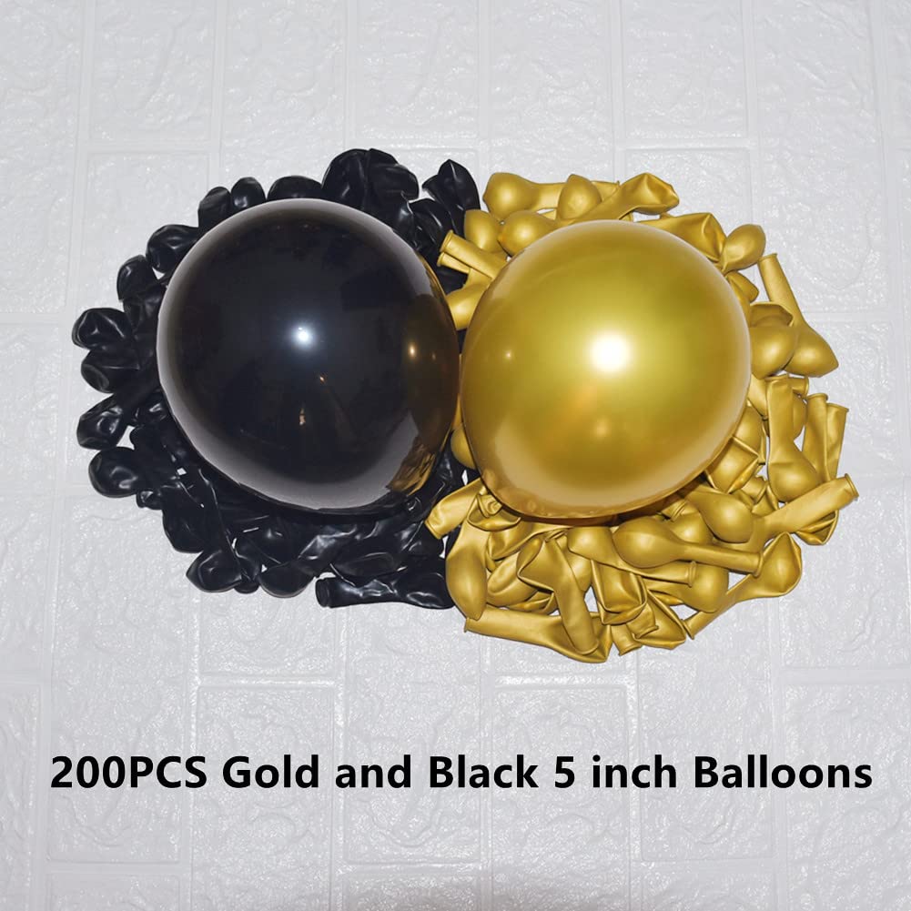 200 Pcs Black and Gold 5 Inch Balloons Metallic Chrome Gold Black Latex Thicken Small Balloon for Wedding Birthday Graduation Baby Shower Christmas Halloween Valentine’s Day Party Decorations