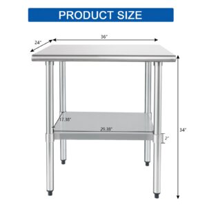 HARDURA Stainless Steel Table 24X36 Inches with Undershelf and Galvanized Legs NSF Heavy Duty Commercial Prep Work Table for Restaurant Kitchen Home and Hotel