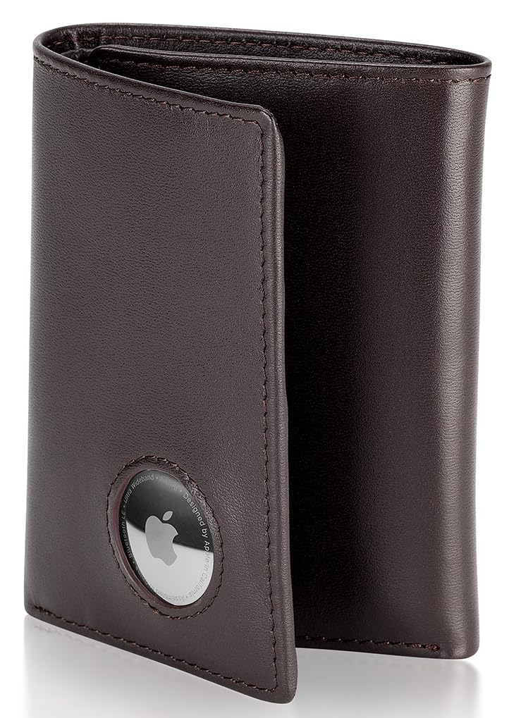 Stealth Mode Men's Leather Trifold Wallet with Airtag Holder and RFID Blocking (Coffee)