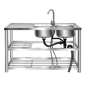 Commercial 304 Stainless Steel Sink 2 Compartment Freestanding Utility Sink w/Faucet & Drain for Restaurant Kitchen Outdoor Indoor Use 47.2X17.5X31.5in