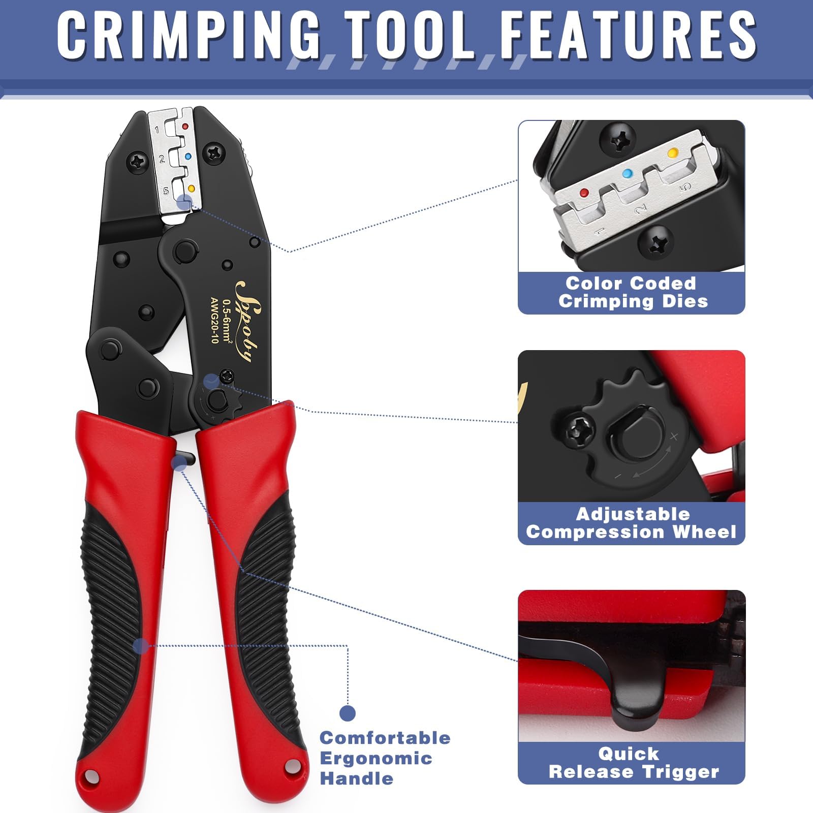 Sopoby Crimping Tool For Heat Shrink Connectors with 300PCS Marine Grade Heat Shrink Wire Connectors - Tinned Red Copper - Electrical Crimping Tool - AWG 22-10 Electrical Ring Fork Spade Splice