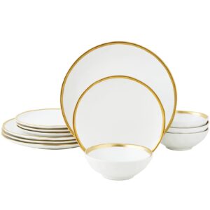 pokini matte white porcelain dinnerware sets 12 piece service for 4, dishes, round plates, bowls, golden rim dish set for home decor