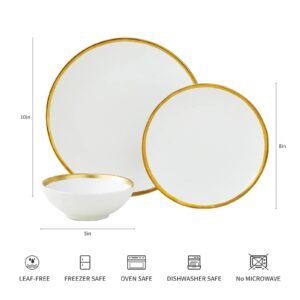 Pokini Matte White Porcelain Dinnerware Sets 12 Piece Service for 4, Dishes, Round Plates, Bowls, Golden Rim Dish Set for Home Decor