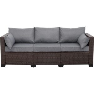 WAROOM Patio Couch PE Wicker Outdoor 3-Seat Sofa Brown Rattan Furniture Set Deep Seating with Anti-Slip Grey Cushion