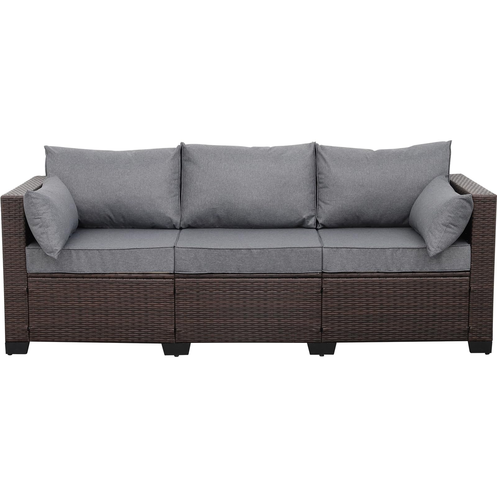 WAROOM Patio Couch PE Wicker Outdoor 3-Seat Sofa Brown Rattan Furniture Set Deep Seating with Anti-Slip Grey Cushion