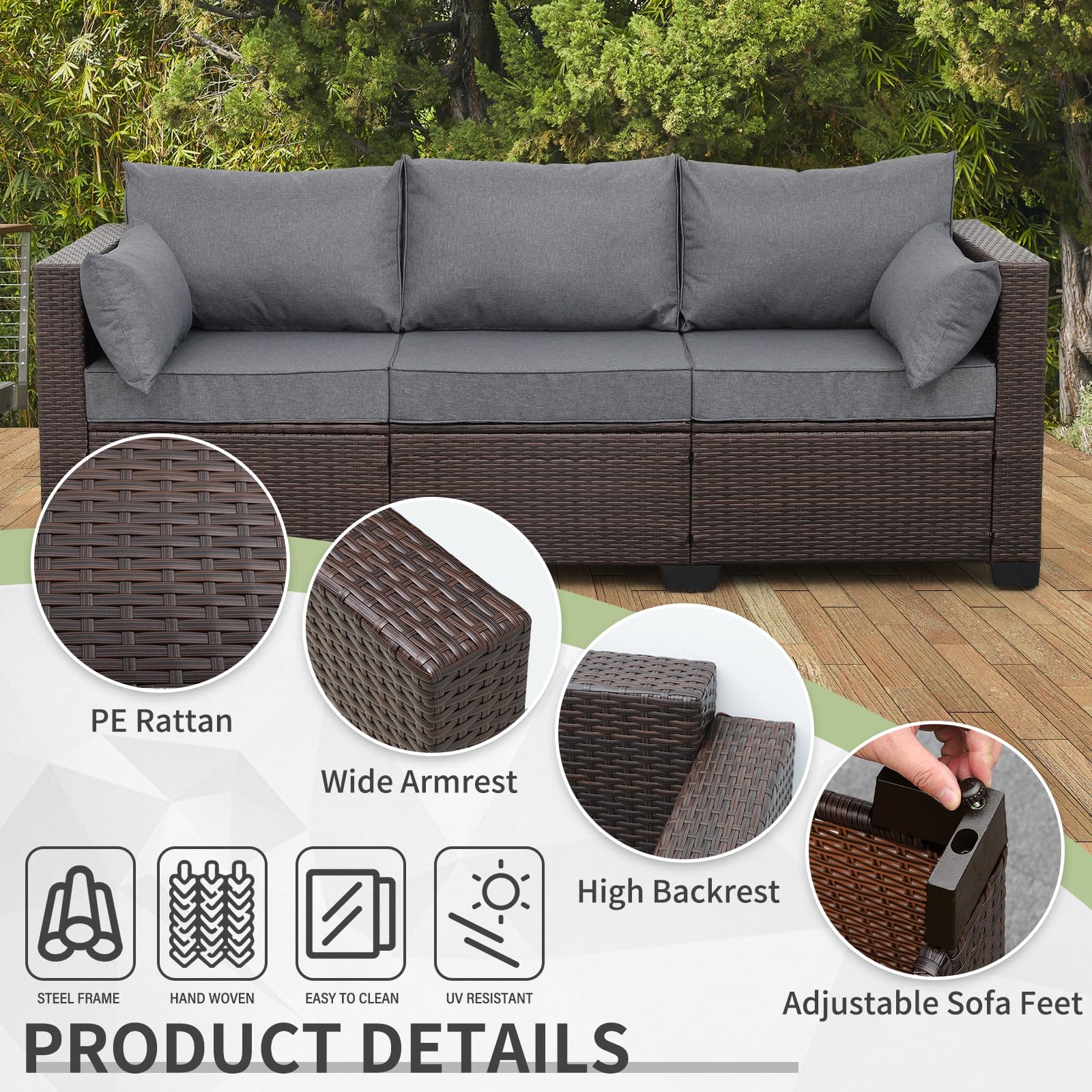 WAROOM Patio Couch PE Wicker Outdoor 3-Seat Sofa Brown Rattan Furniture Set Deep Seating with Anti-Slip Grey Cushion