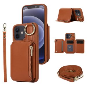 furiet wallet case for iphone 11 6.1 with wrist and shoulder strap card holder ring stand flip pu leather 6+ card slots rfid blocking phone cover for iphone11case iphone11 i phone11 11s xi 11r brown