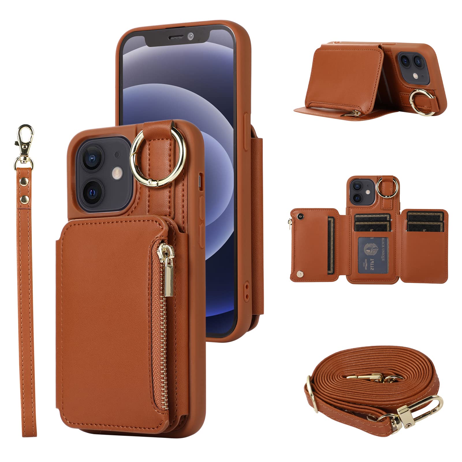 Furiet Wallet Case for iPhone 11 6.1 with Wrist and Shoulder Strap Card Holder Ring Stand Flip PU Leather 6+ Card Slots RFID Blocking Phone Cover for iphone11case iPhone11 i Phone11 11s XI 11R Brown