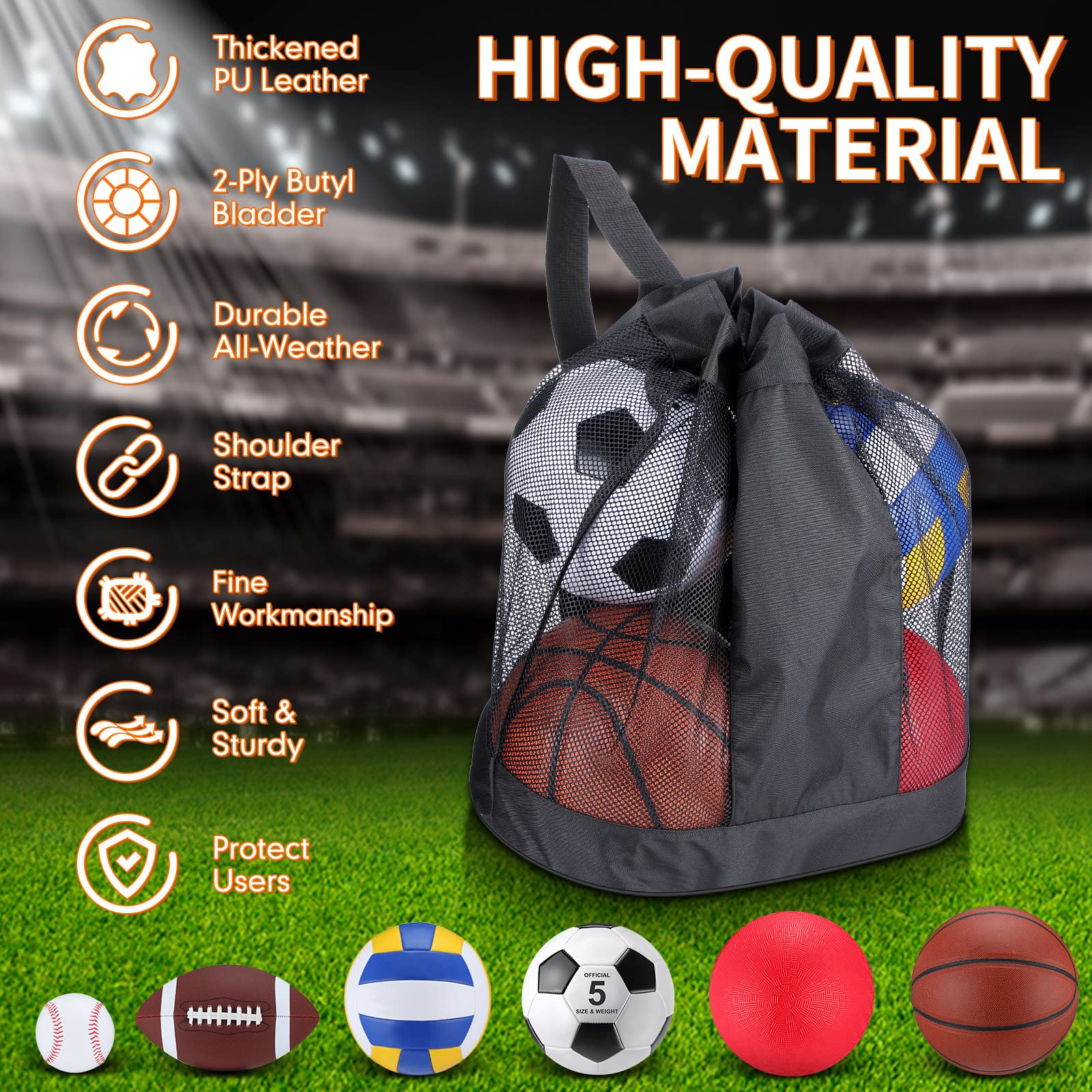 Leyndo 18 Pcs Bulk Sport Balls Set Basketball Football Volleyball Soccer Playground Ball Baseball Outdoor Sport Equipment Full Size with Sports Ball Bag Pump for Youth Adults Kids Sport Gift (Brown)