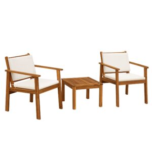 flamaker patio chairs 3 piece acacia wood patio furniture with coffee table & cushions outdoor conversation set balcony chairs for porch, deck, backyard