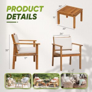 Flamaker Patio Chairs 3 Piece Acacia Wood Patio Furniture with Coffee Table & Cushions Outdoor Conversation Set Balcony Chairs for Porch, Deck, Backyard