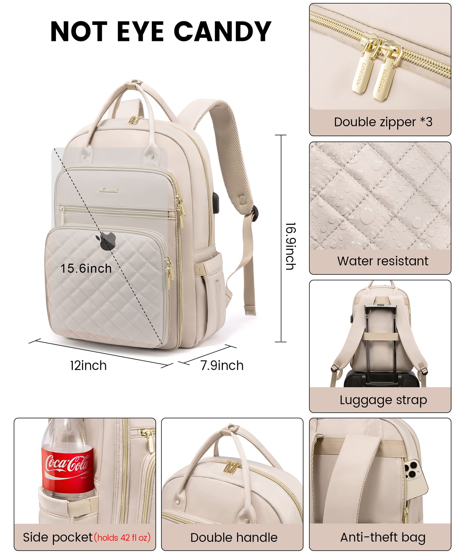 LOVEVOOK Laptop Backpack for Women, 15.6 Inch Computer Backpack for Teacher Nurse with Water Resistant, Lightweight Travel Work Backpack with USB Charging Port, Quilted Commuter Backpack purse, Beige