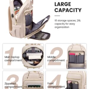 LOVEVOOK Laptop Backpack for Women, 15.6 Inch Computer Backpack for Teacher Nurse with Water Resistant, Lightweight Travel Work Backpack with USB Charging Port, Quilted Commuter Backpack purse, Beige