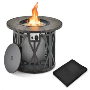 Giantex 32" Propane Fire Pit, 30,000 BTU Round Outdoor Fire Pit Table with Lid, PVC Cover, Glass Stones, CSA Approved, 2-in-1 Ignition Gas Fire Table for Outside Patio Garden Backyard Deck, Black