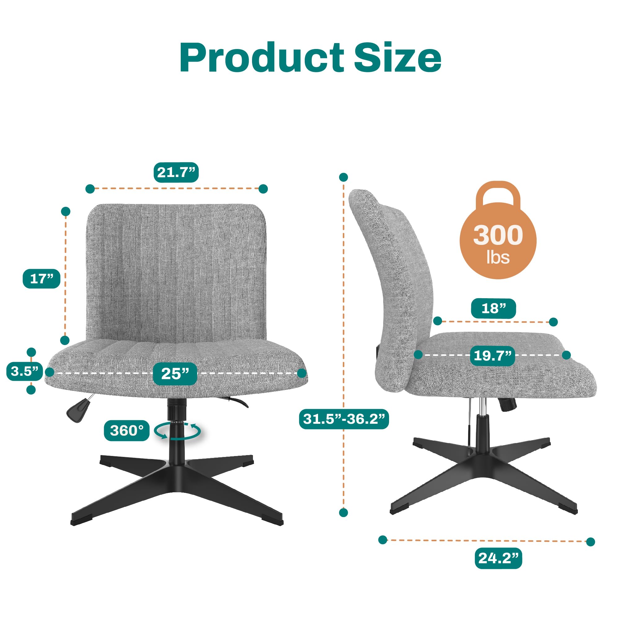 NYPOT Criss Cross Chair - Wide Armless Desk Chair No Wheels, Cross Legged Office Chair, Adjustable Modern 360 Swivel Vanity, Fabric Padded,120° Rocking Ergonomic Mid Back Computer Task Chair - Grey