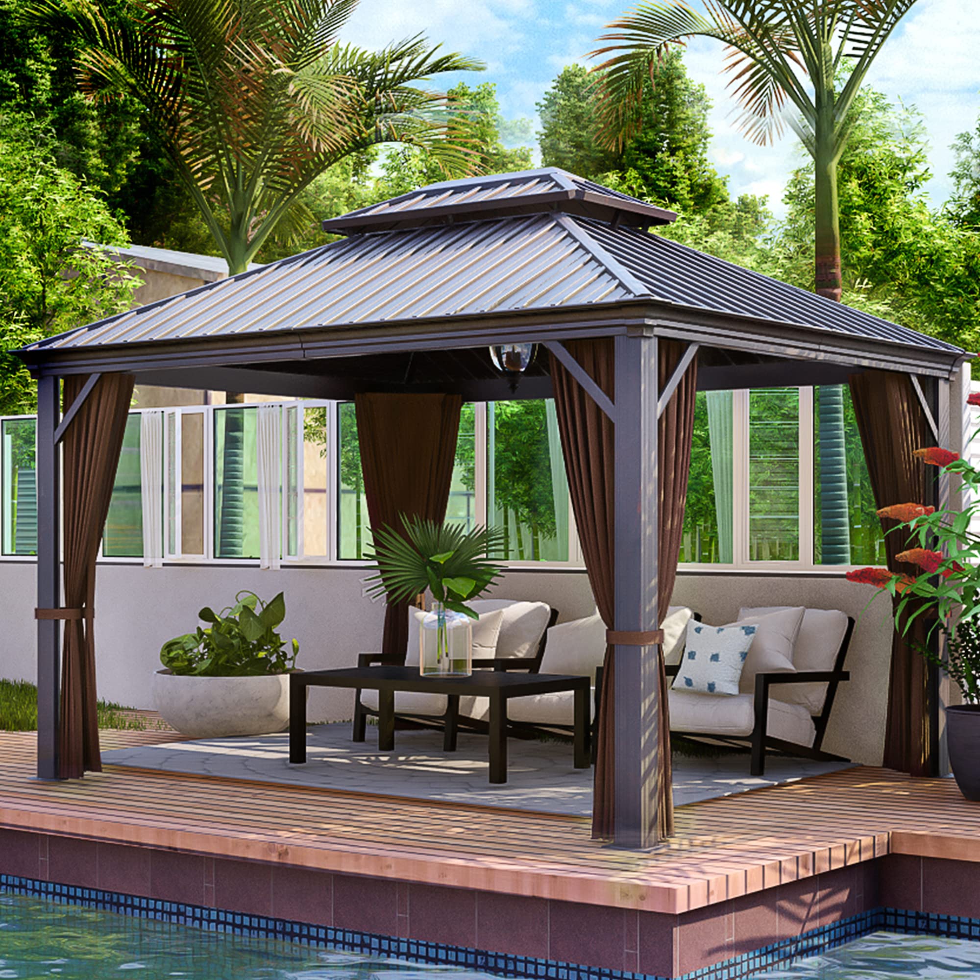 HAPPATIO 10' x 12' Hardtop Gazebo, Gazebo with Netting and Curtains, Double Roof Permanent Patio Metal Gazebo Canopy for Patio, Deck, Backyard (Dark Brown)