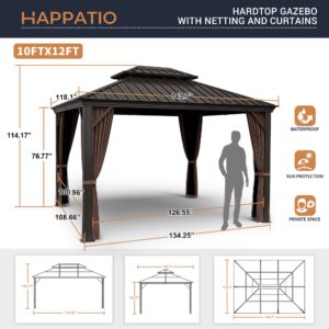 HAPPATIO 10' x 12' Hardtop Gazebo, Gazebo with Netting and Curtains, Double Roof Permanent Patio Metal Gazebo Canopy for Patio, Deck, Backyard (Dark Brown)