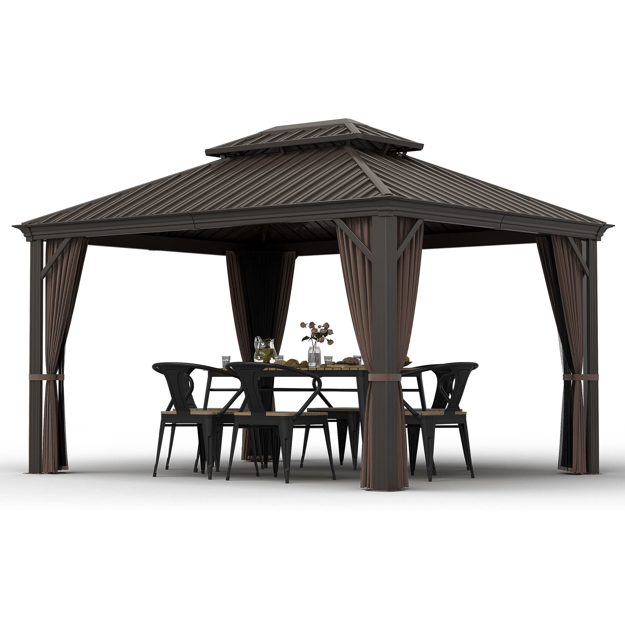 HAPPATIO 10' x 12' Hardtop Gazebo, Gazebo with Netting and Curtains, Double Roof Permanent Patio Metal Gazebo Canopy for Patio, Deck, Backyard (Dark Brown)