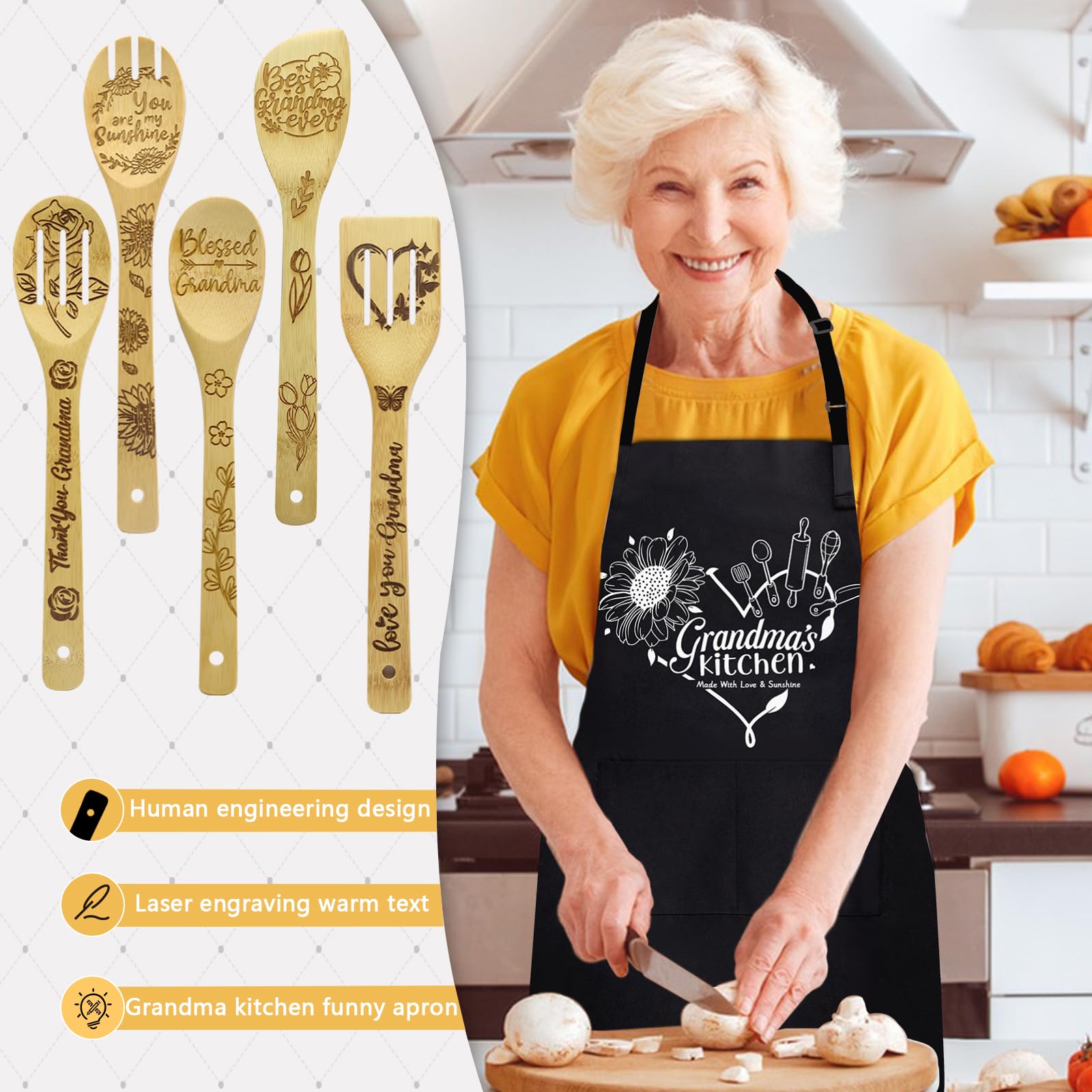 Best Grandma Gifts, Birthday Christmas Gifts for Grandma Nana Grandmother, Kitchen Utensils Set Include Wooden Spoons for Cooking and Cooking Apron, Mother's Day Gift Idea for Grandma