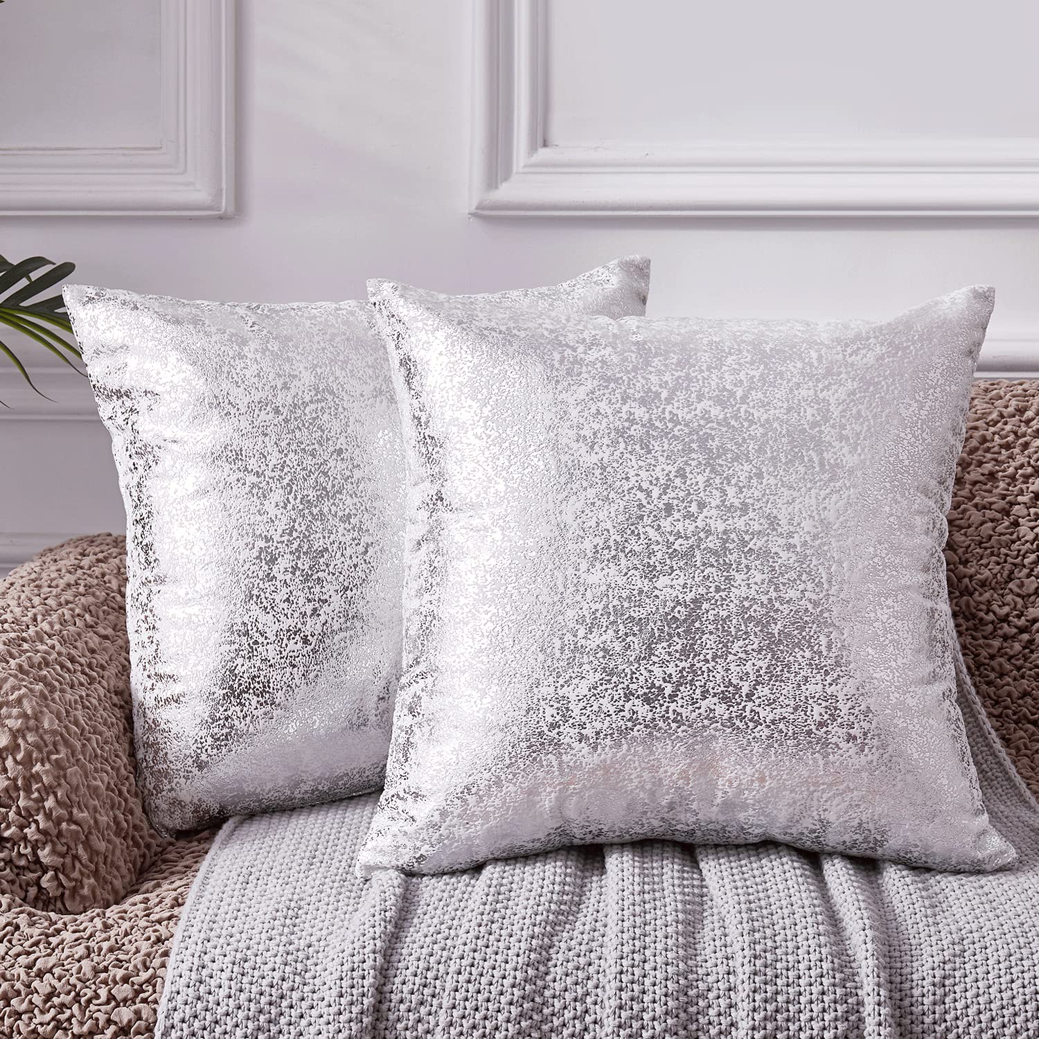 Silver Throw Pillows,Set of 2 White Cushion Covers Velvet Decorative Square Throw Pillow Covers with Silver for Home Decor Bedroom Living Room Couch Bed Sofa, 20x20 In,White and Silver Pillow Covers