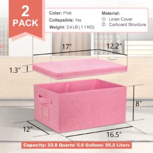 Graciadeco 22.8qt Closet Storage Boxes with Lids Pink Folding Keepsake Storage Bins Stackable Flat Lidded Carboard Storage Contaner for Clothes Barbie Shoes, 2 Pack