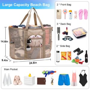 Eslcorri Mesh Beach Tote - Extra Large Beach Bag with 11 Pockets Foldable Tote Bag Womens Shoulder Handbag Oversized Casual Gift Pool Bag Travel Essentials for Swimming Gym Toys Kitchen 24.8x9.4x14.6