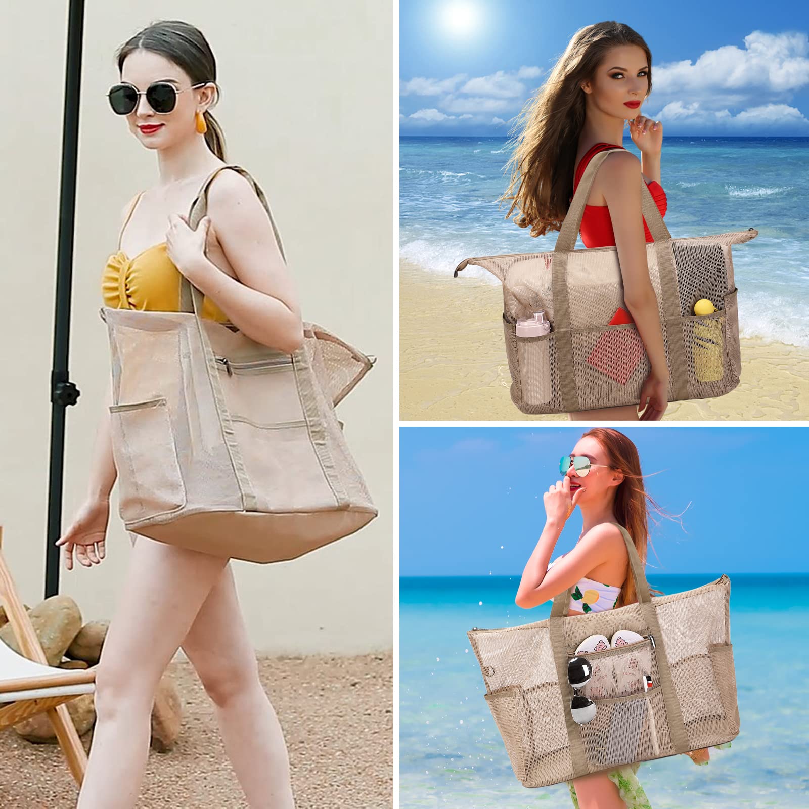 Eslcorri Mesh Beach Tote - Extra Large Beach Bag with 11 Pockets Foldable Tote Bag Womens Shoulder Handbag Oversized Casual Gift Pool Bag Travel Essentials for Swimming Gym Toys Kitchen 24.8x9.4x14.6