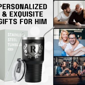 Onebttl Personalized Gifts for Men with Initial J, Monogrammed Travel Tumbler for Him, Custom Coffee Cups, Unique Birthday Christmas Gifts for Men who Have Everything, Black, 30oz