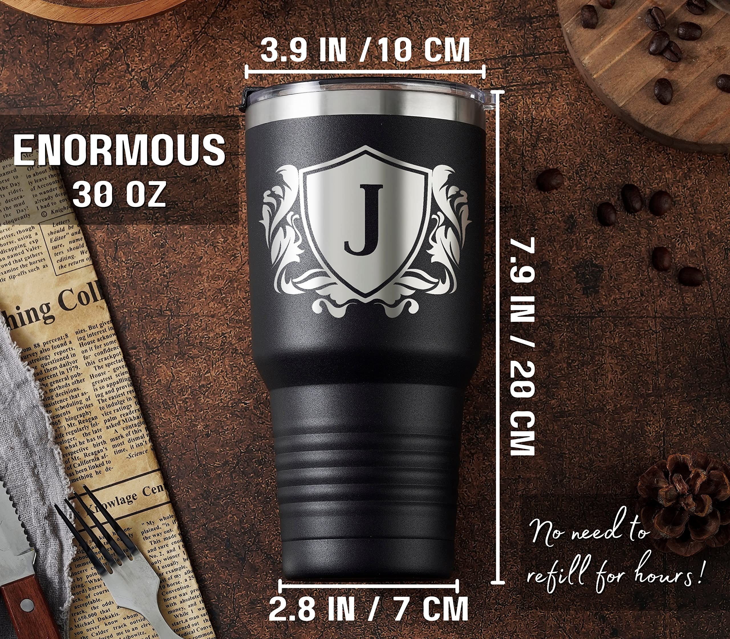 Onebttl Personalized Gifts for Men with Initial J, Monogrammed Travel Tumbler for Him, Custom Coffee Cups, Unique Birthday Christmas Gifts for Men who Have Everything, Black, 30oz