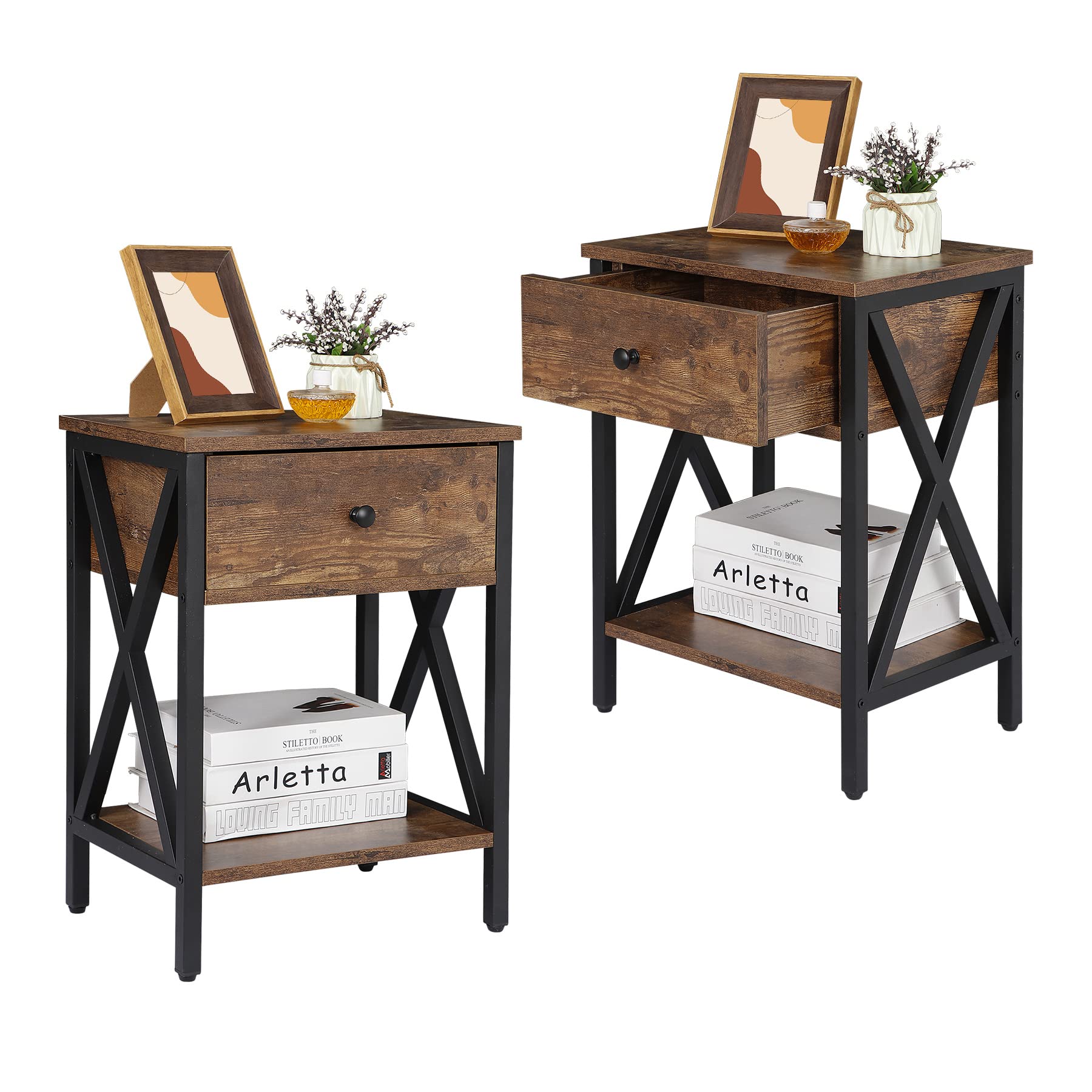 SUPER DEAL Nightstand Set of 2, Modern End Table with Drawer Industrial Metal Frame Bedside Tables for Bedroom Living Room Apartment Small Spaces, Antique brown