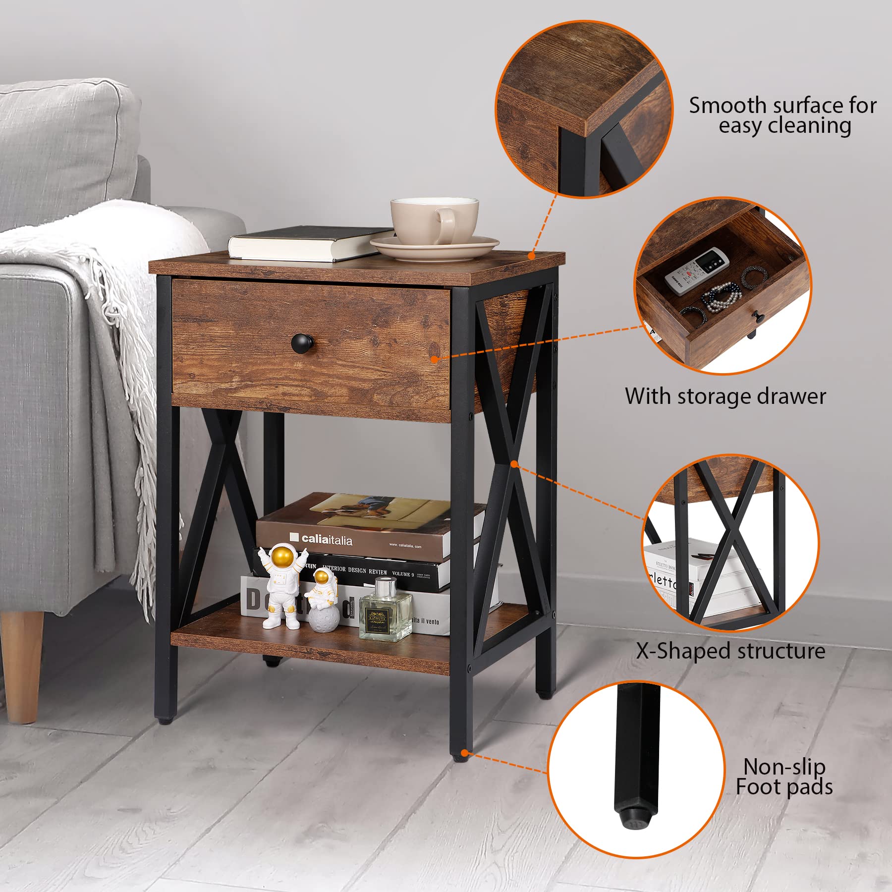 SUPER DEAL Nightstand Set of 2, Modern End Table with Drawer Industrial Metal Frame Bedside Tables for Bedroom Living Room Apartment Small Spaces, Antique brown