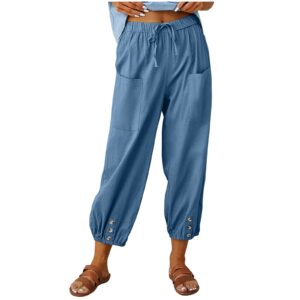 women's capri pants high waist drawstring cinch bottom with button cotton loose casual trouser with pockets blue
