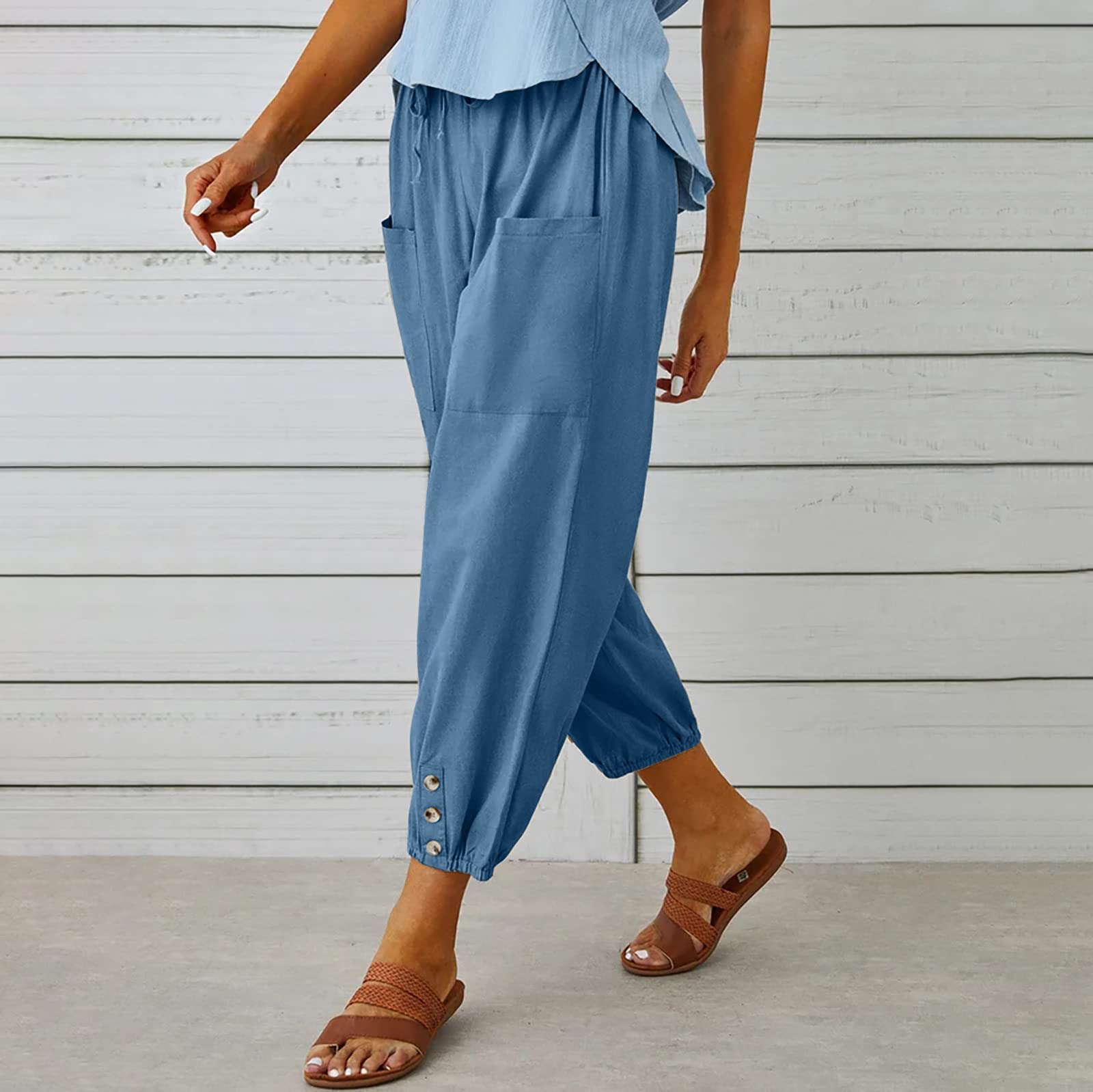 Women's Capri Pants High Waist Drawstring Cinch Bottom with Button Cotton Loose Casual Trouser with Pockets Blue