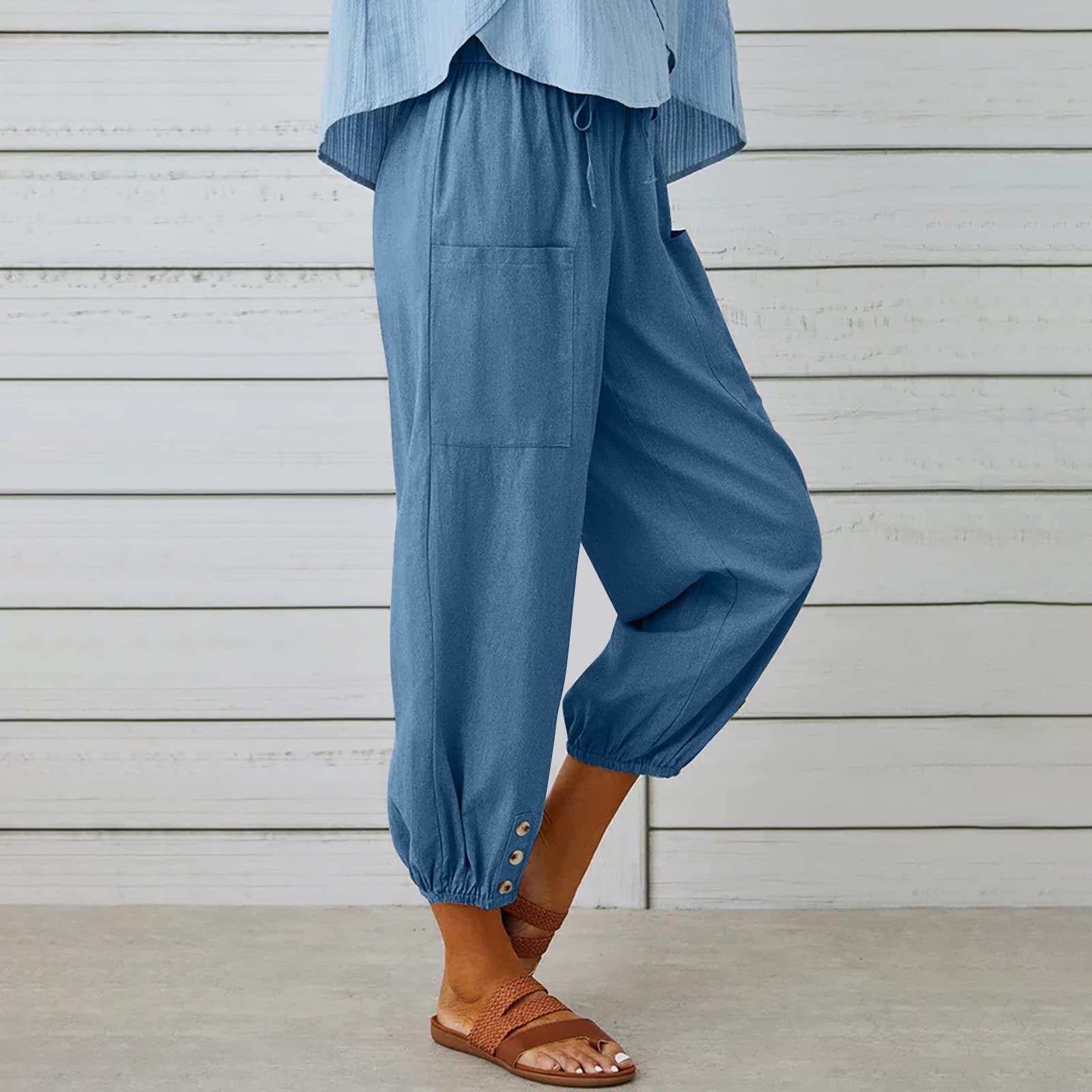 Women's Capri Pants High Waist Drawstring Cinch Bottom with Button Cotton Loose Casual Trouser with Pockets Blue