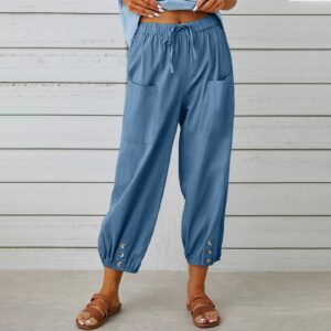 Women's Capri Pants High Waist Drawstring Cinch Bottom with Button Cotton Loose Casual Trouser with Pockets Blue