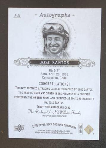 2018 Upper Deck Goodwin Jose Santos Chile HOF Horse Racing Authentic Signed Card - Autographed Soccer Photos