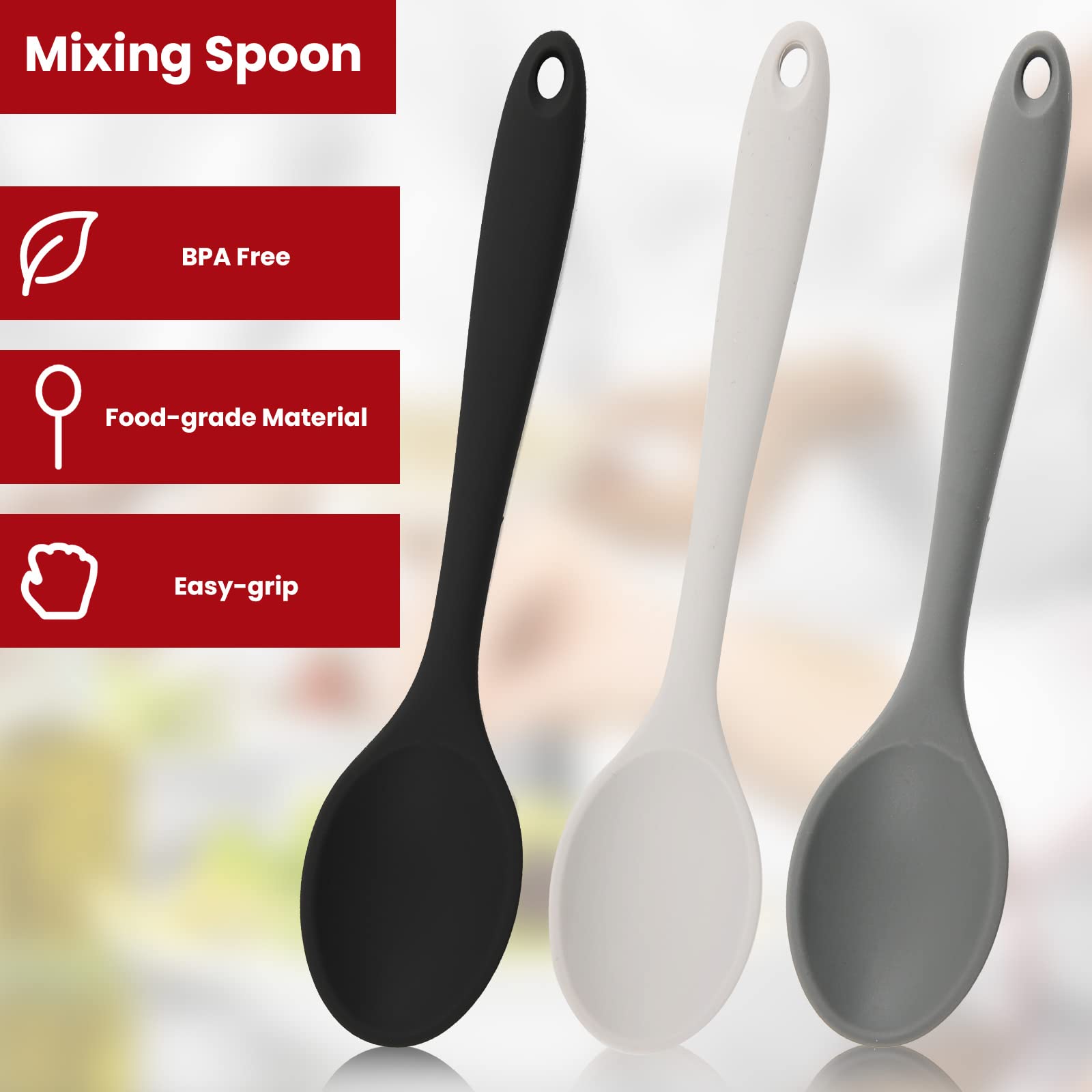 3 Pcs Silicone Mixing Spoons Nonstick Heat Resistant BPA Free Basting Spoons Set Kitchen Utensil for Cooking Stirring Mixing Serving (Black & Dark Grey & Light Grey)