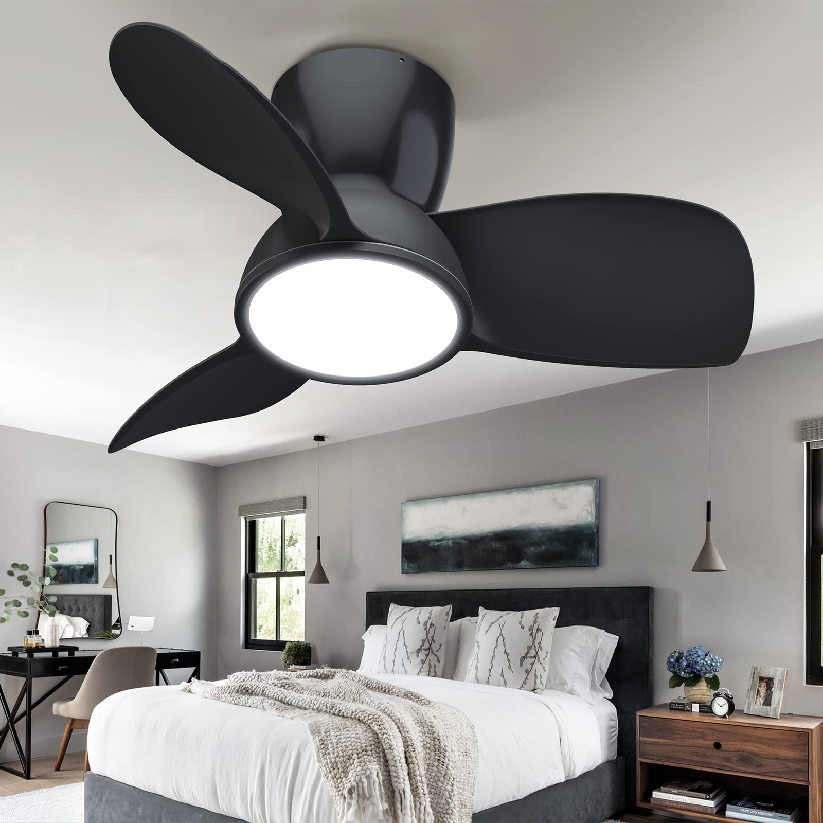 slochi Quiet Ceiling Fans with Lights and Remote, Low Profile Outdoor Ceiling Fans for Patios with Light, 32 inch Black Ceiling Fan with Light Flush Mount for Outdoor Bedroom Patio