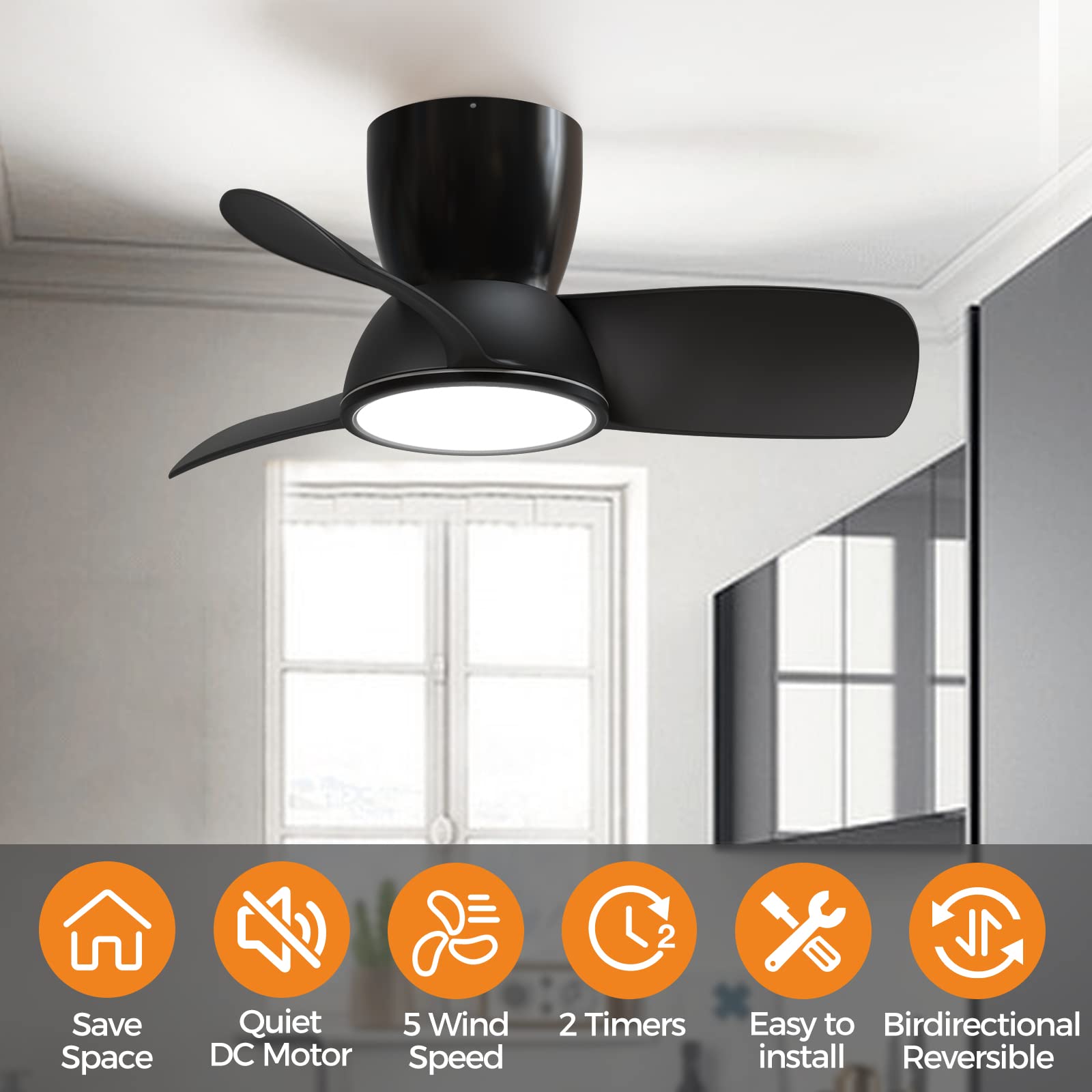 slochi Quiet Ceiling Fans with Lights and Remote, Low Profile Outdoor Ceiling Fans for Patios with Light, 32 inch Black Ceiling Fan with Light Flush Mount for Outdoor Bedroom Patio