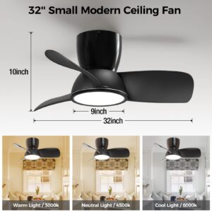 slochi Quiet Ceiling Fans with Lights and Remote, Low Profile Outdoor Ceiling Fans for Patios with Light, 32 inch Black Ceiling Fan with Light Flush Mount for Outdoor Bedroom Patio