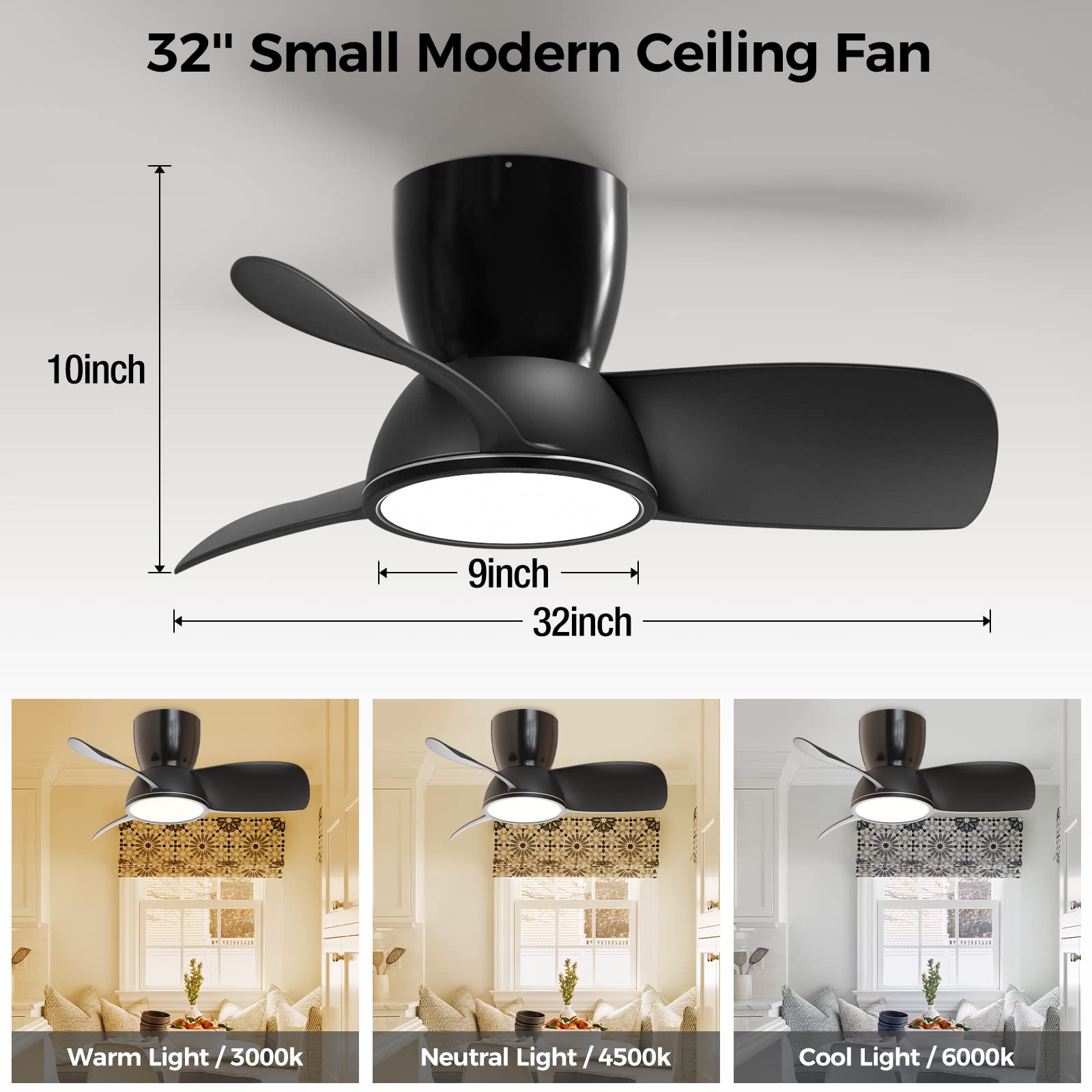 slochi Quiet Ceiling Fans with Lights and Remote, Low Profile Outdoor Ceiling Fans for Patios with Light, 32 inch Black Ceiling Fan with Light Flush Mount for Outdoor Bedroom Patio