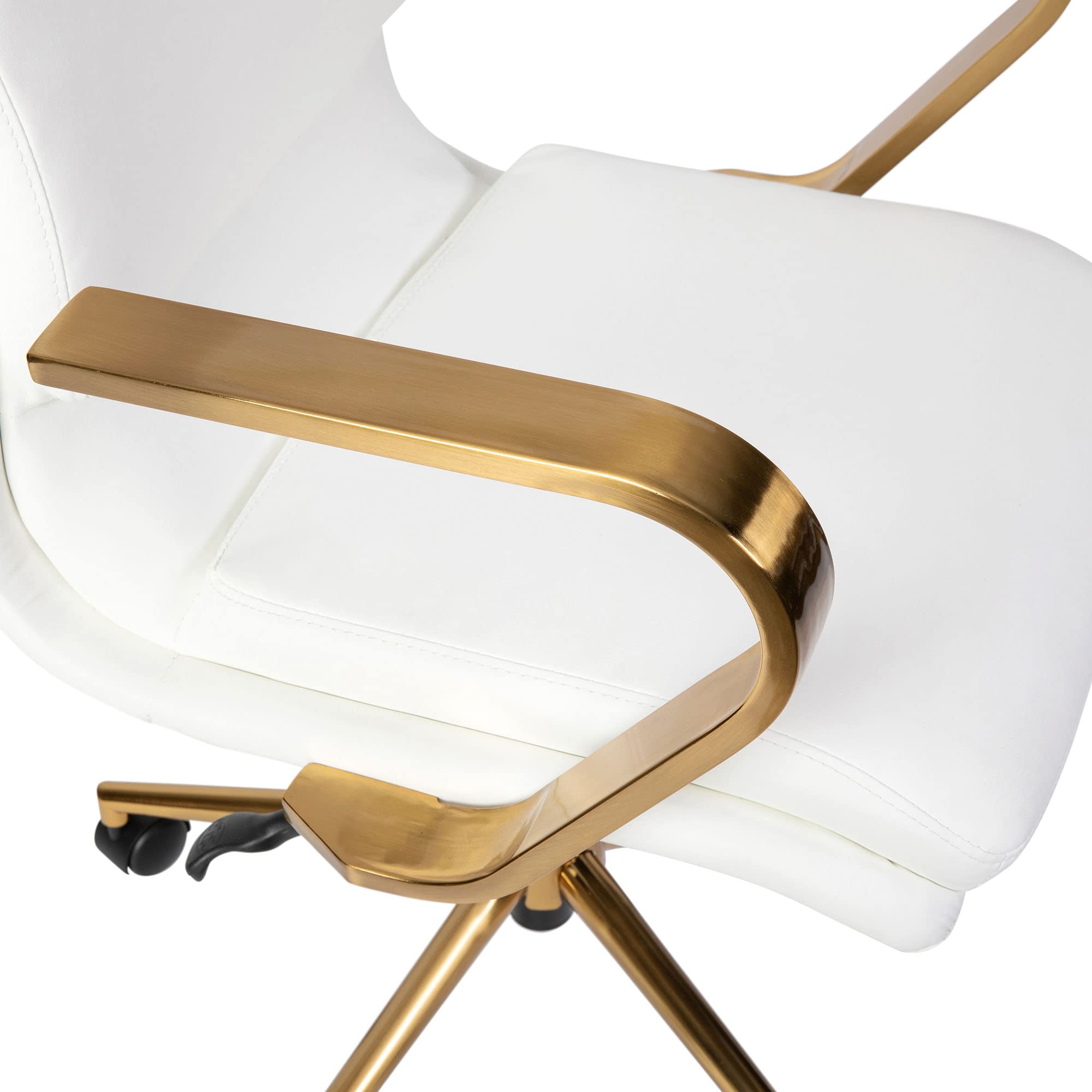 Flash Furniture James Mid-Back Designer Executive Office Chair - White LeatherSoft Upholstery - Brushed Gold Base and Arms - Height Adjustable 360° Swivel Seat