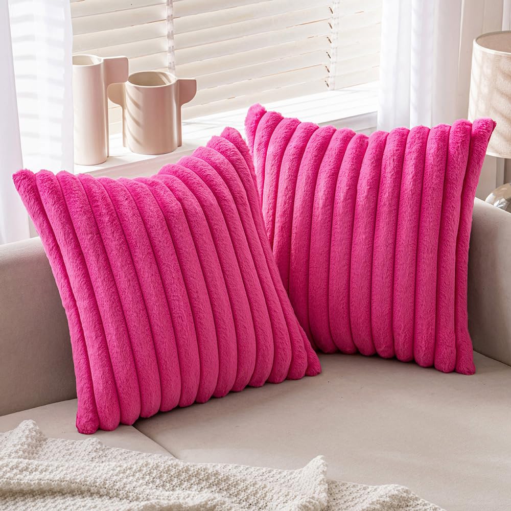 MIULEE Hot Pink Throw Pillow Covers 18x18 Inch Set of 2 Fuzzy Striped Soft Pillowcase with Velvet Back Faux Rabbit Fur Cushion Covers Decorative Home Decor for Couch Sofa Bedroom Livingroom