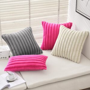 MIULEE Hot Pink Throw Pillow Covers 18x18 Inch Set of 2 Fuzzy Striped Soft Pillowcase with Velvet Back Faux Rabbit Fur Cushion Covers Decorative Home Decor for Couch Sofa Bedroom Livingroom