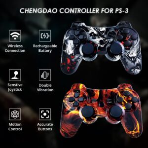 CHENGDAO Controller for PS3 2 Pack Wireless Controller for Playstation 3 Game Remote with Double Shock, Upgrade Joystick Control for PS3 Remote with Rechargeable Battery, 6-Axis & USB Charging Cable