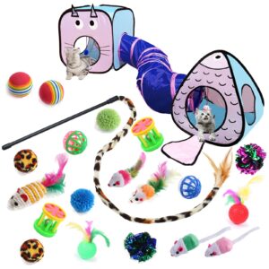 GONPETGP Cat Toys for Indoor Cats, 23 PCS Kitten Toys Set, Collapsible Pet Tunnel Cube Tent Toys, Interactive Cat Feather Teaser Wand Cat Bell Balls Fuzzy Ball Springs Mouse Toys for Cat Kitty